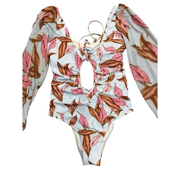 Boho Floral LongβSleeve Cutout Swimsuit Blue Pink One piece β Medium - Picture 7 of 11